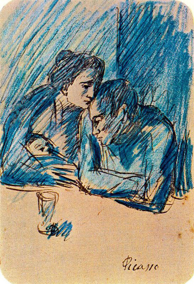 Picasso Man and woman with child in café 1903